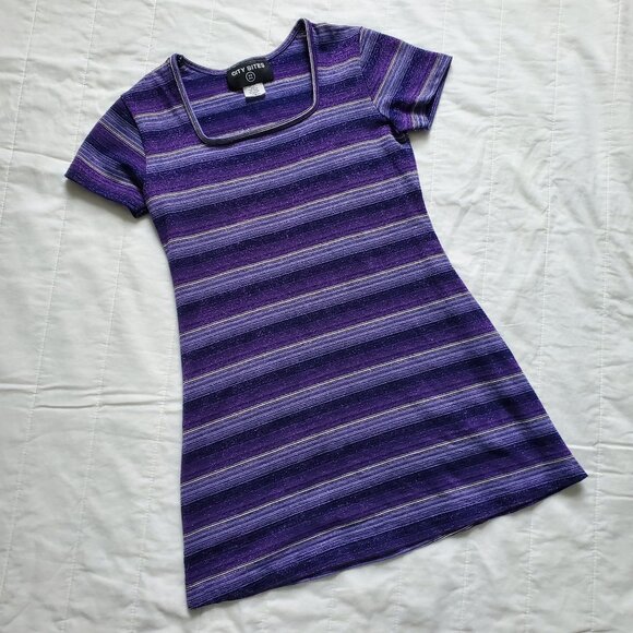 Vintage 90’s Purple Striped Square-Neck T-Shirt - Picture 1 of 7